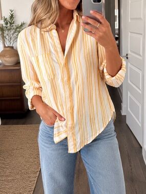 Lucky Brand Yellow and White Striped Button-Down Shirt XS